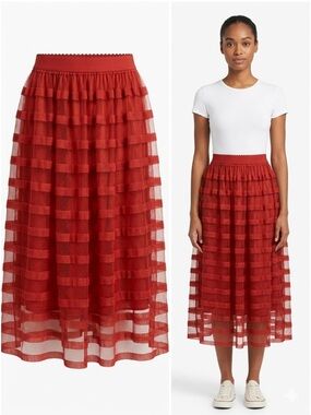 Tiered Crisp Orange Midi Tulle Skirt with Elastic Waist
